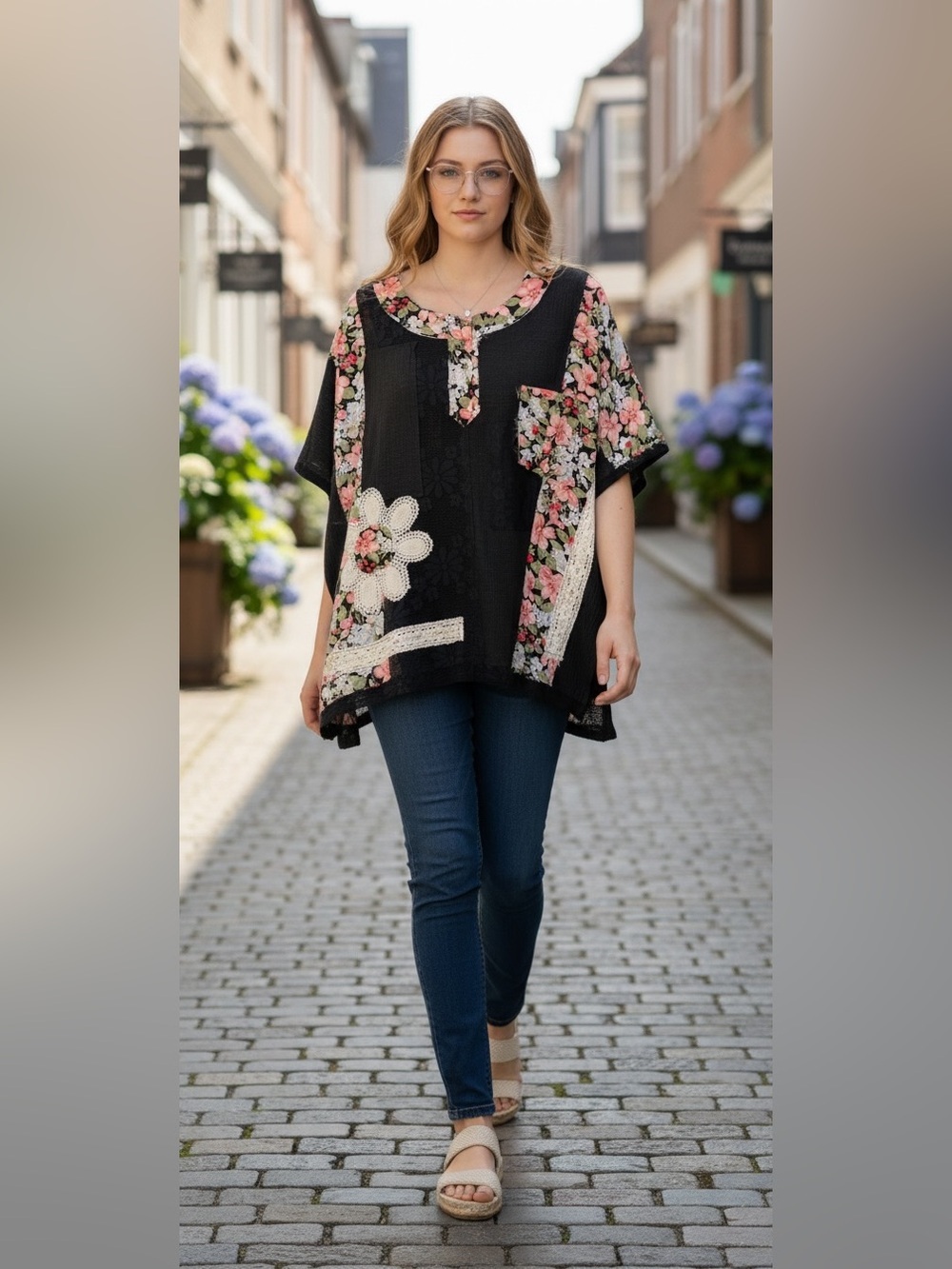 POL Black Floral Patchwork Tunic with Crochet Flower (Over Sized).